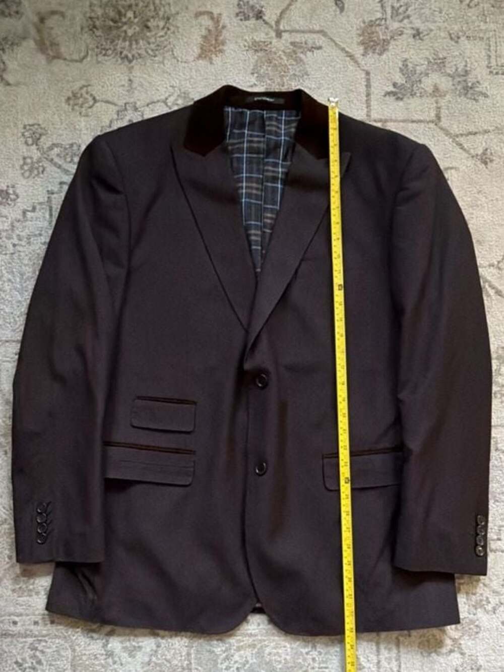 STATEMENT Brown Blazer Sport Coat with Velvet Collar and Plaid Lining